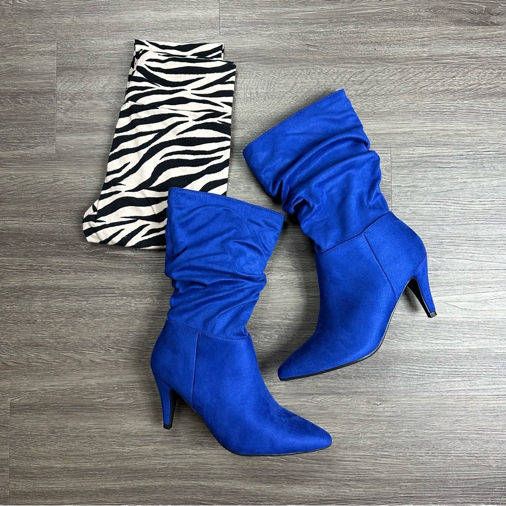Blue Suede Slouchy Heeled Boots